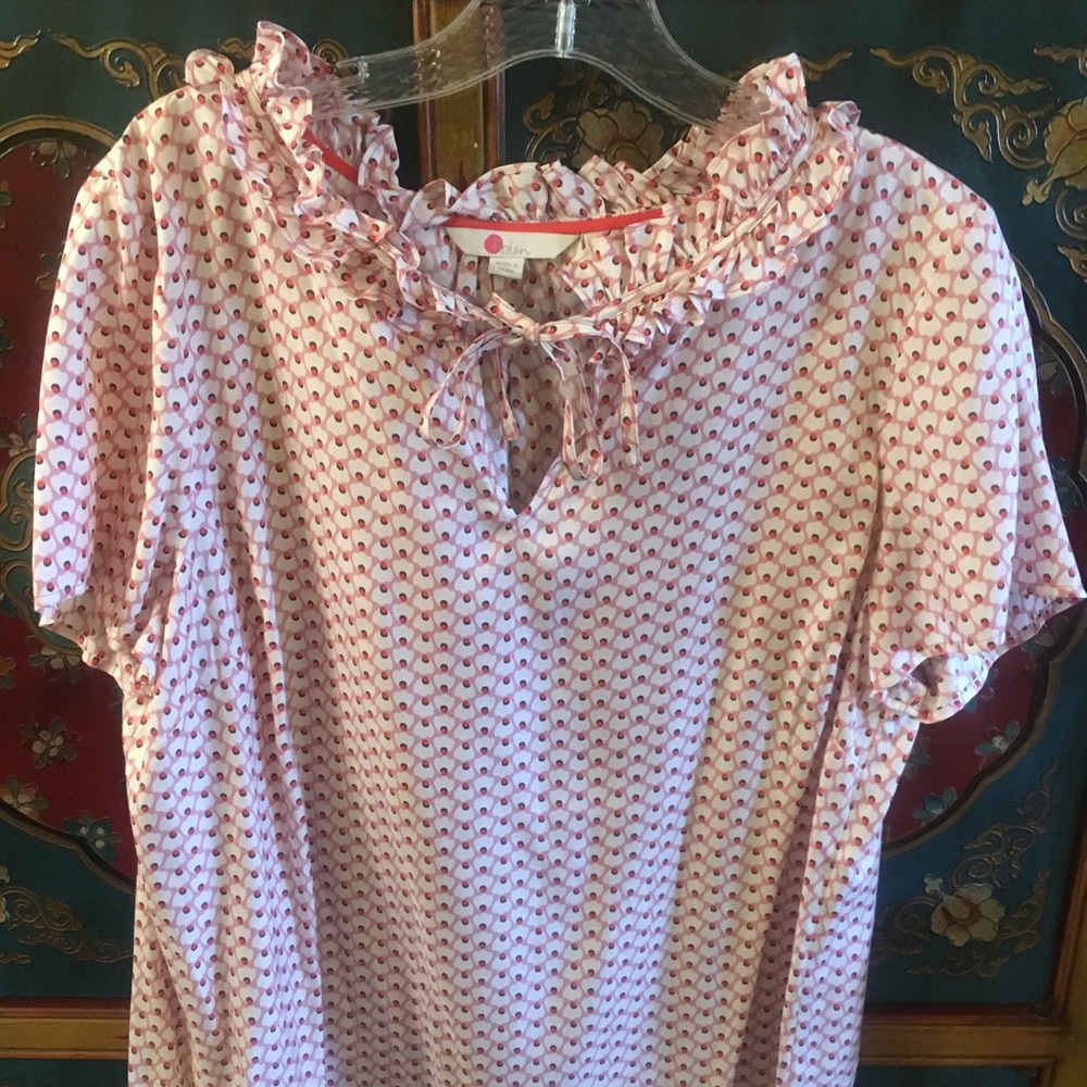 Boden Pink and White Ruffled Tie-Neck Blouse